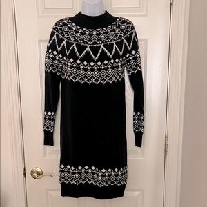 Black + White Soft Long Sleeve Fair Isle Sweater Dress